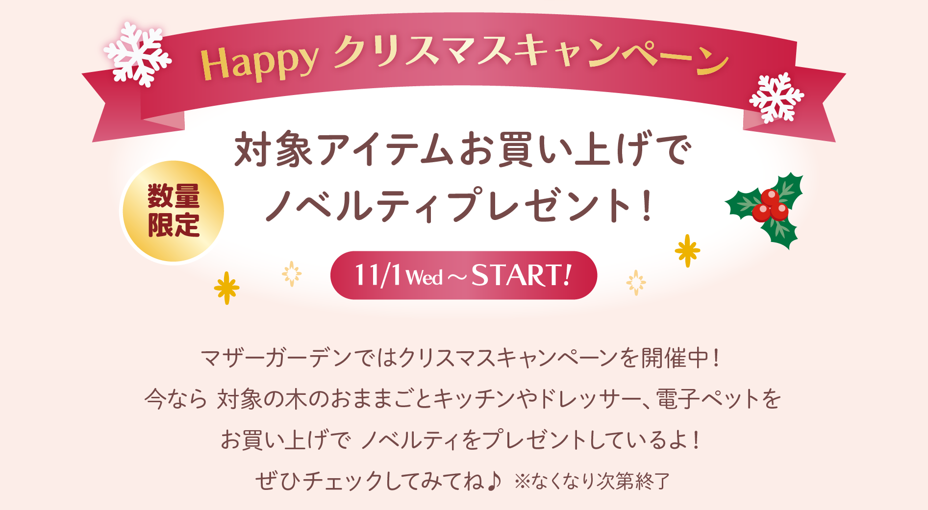 マザーガーデンではクリスマスキャンペーンを開催中！
今なら 対象の木のおままごとキッチンやドレッサー、電子ペットをお買い上げで ノベルティをプレゼントしているよ！
ぜひチェックしてみてね♪ ※なくなり次第終了